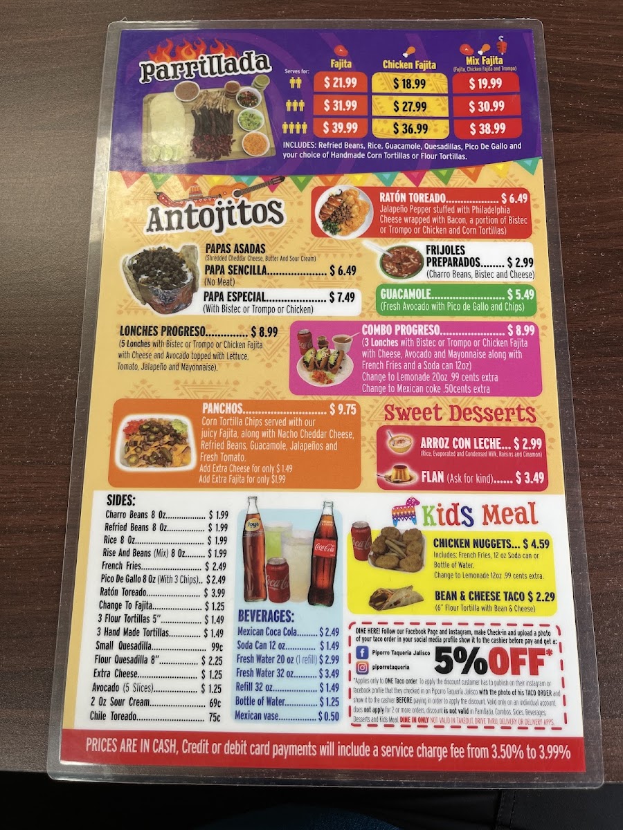 Piporro Taqueria Jalisco menu board