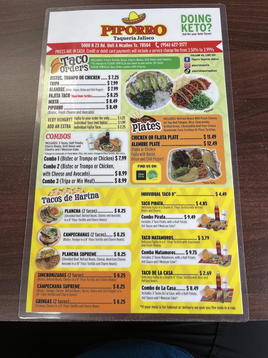 Piporro Taqueria Jalisco menu board