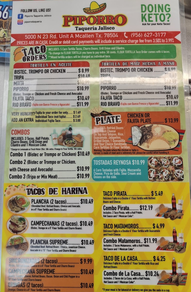 Piporro Taqueria Jalisco menu board
