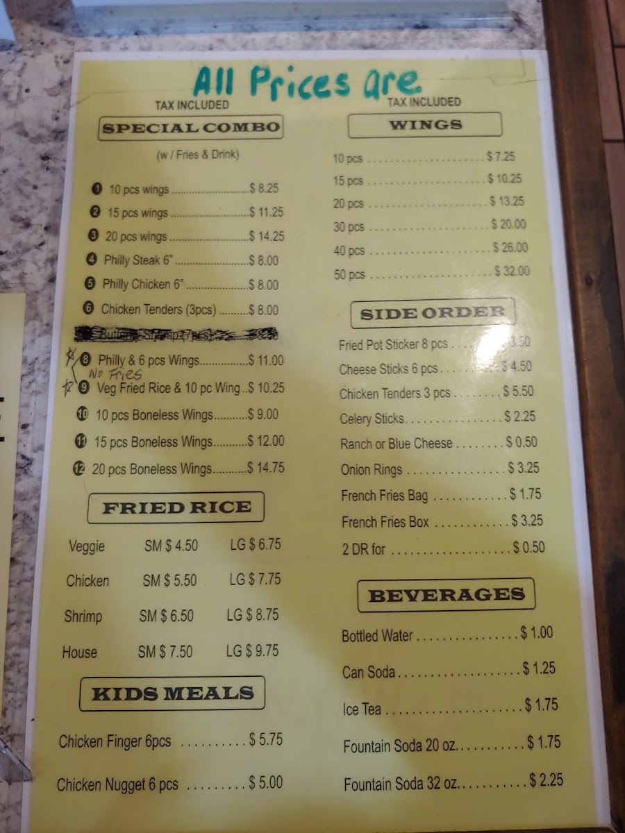Wing Town menu board