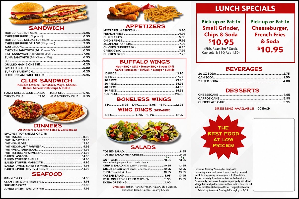 Woodland Pizza Restaurant menu board