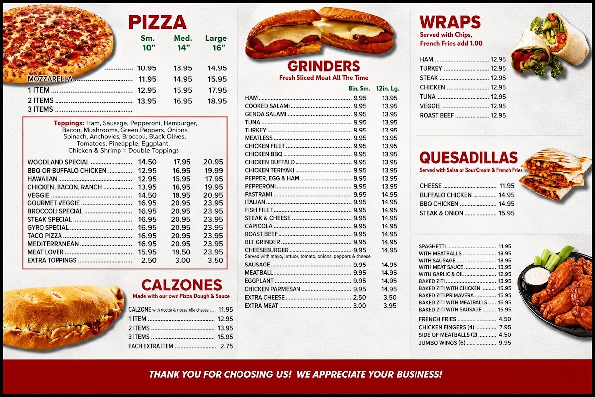 Woodland Pizza Restaurant menu board