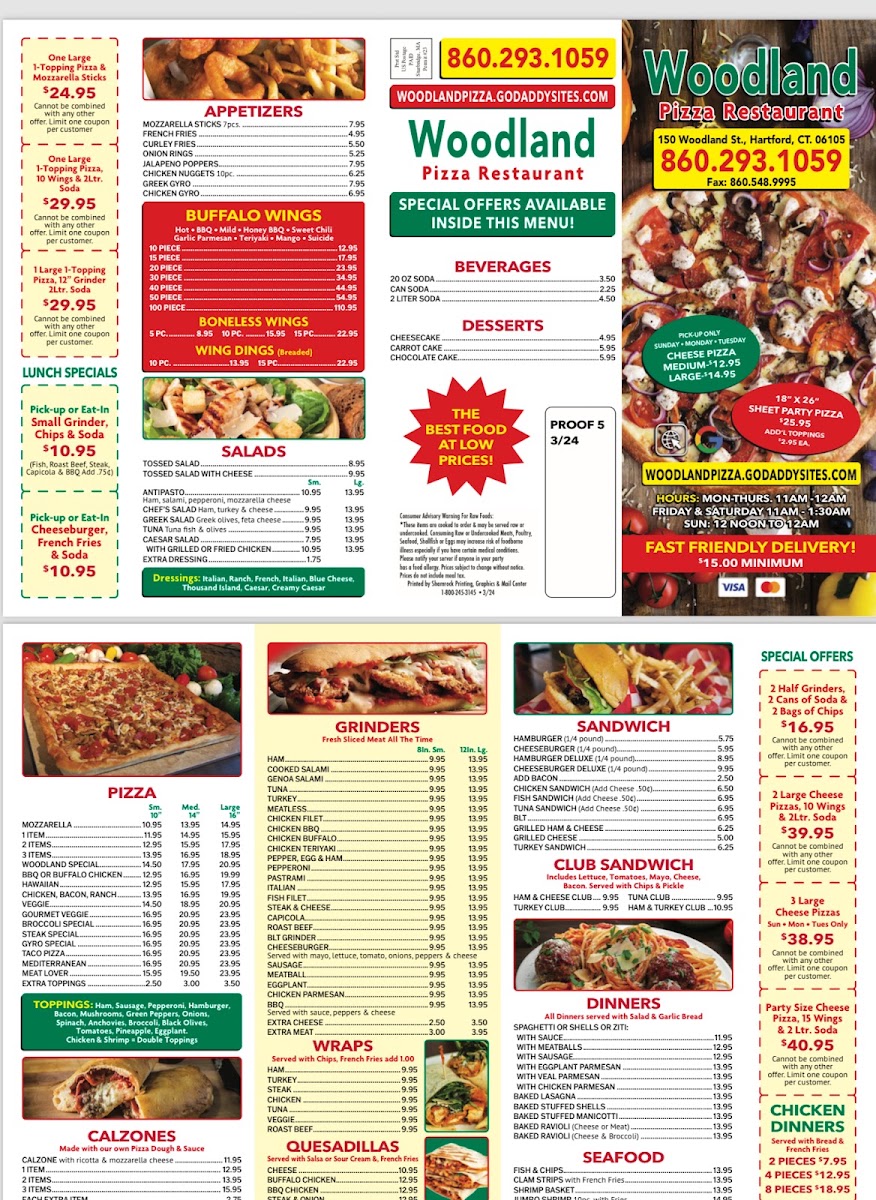 Woodland Pizza Restaurant menu board