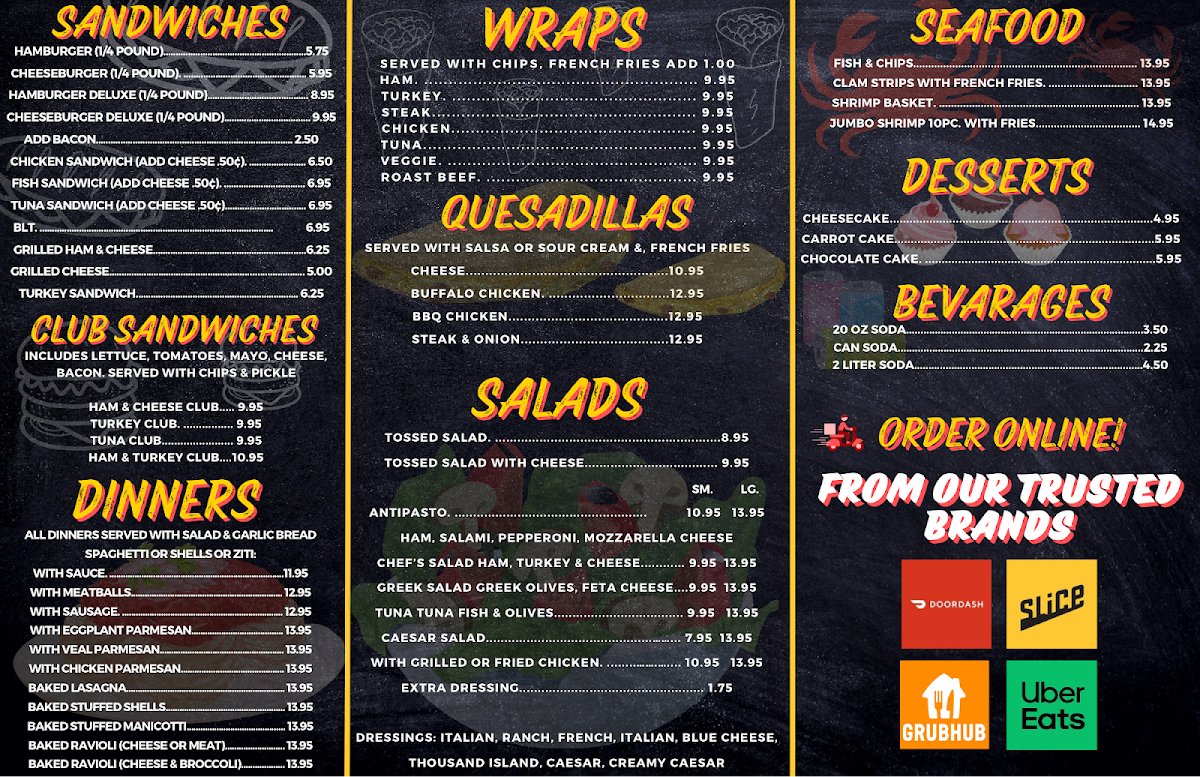 Woodland Pizza Restaurant menu board