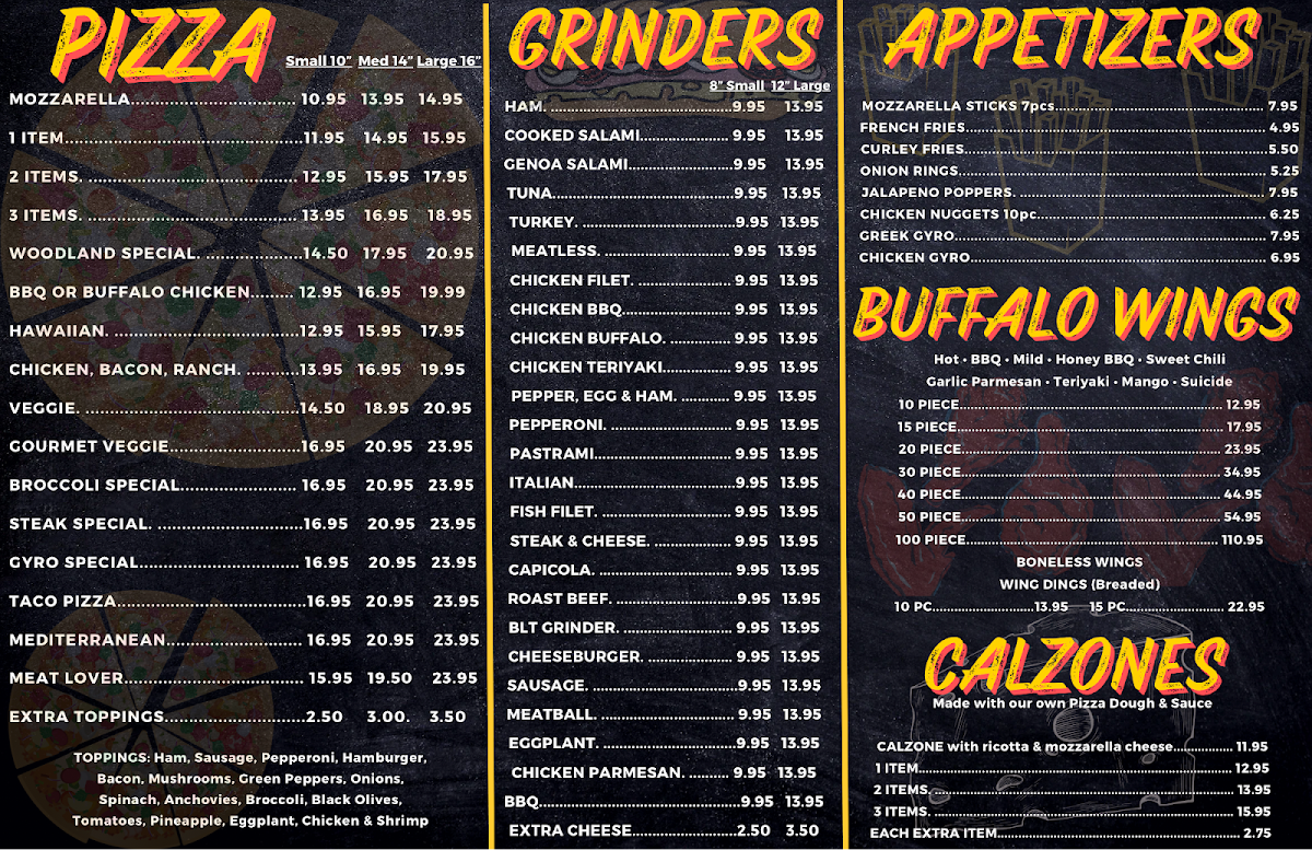 Woodland Pizza Restaurant menu board