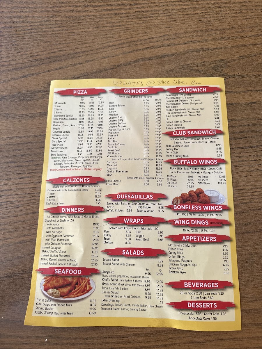Woodland Pizza Restaurant menu board