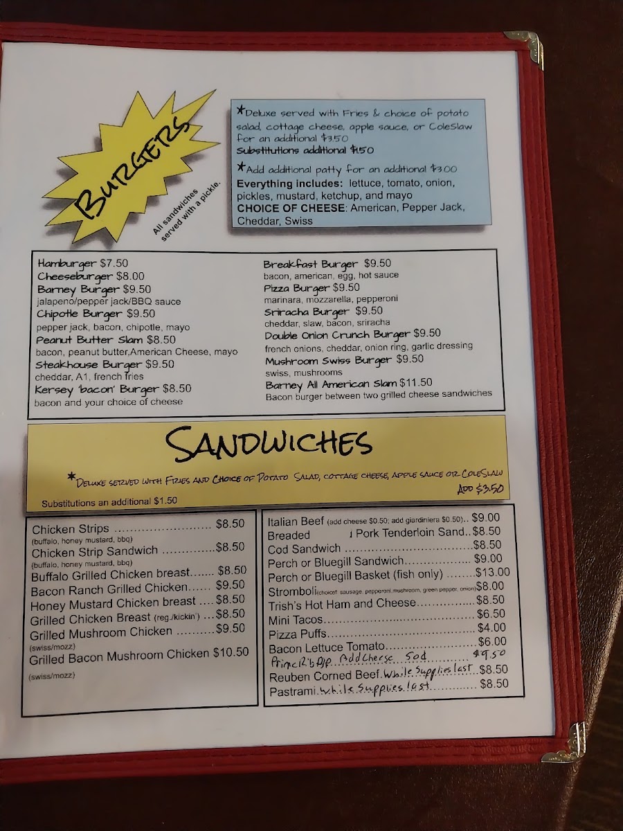 Barney's at Gentleman Tom's Hideaway menu board