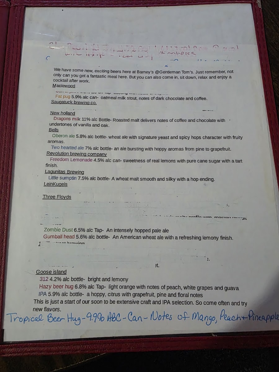 Barney's at Gentleman Tom's Hideaway menu board