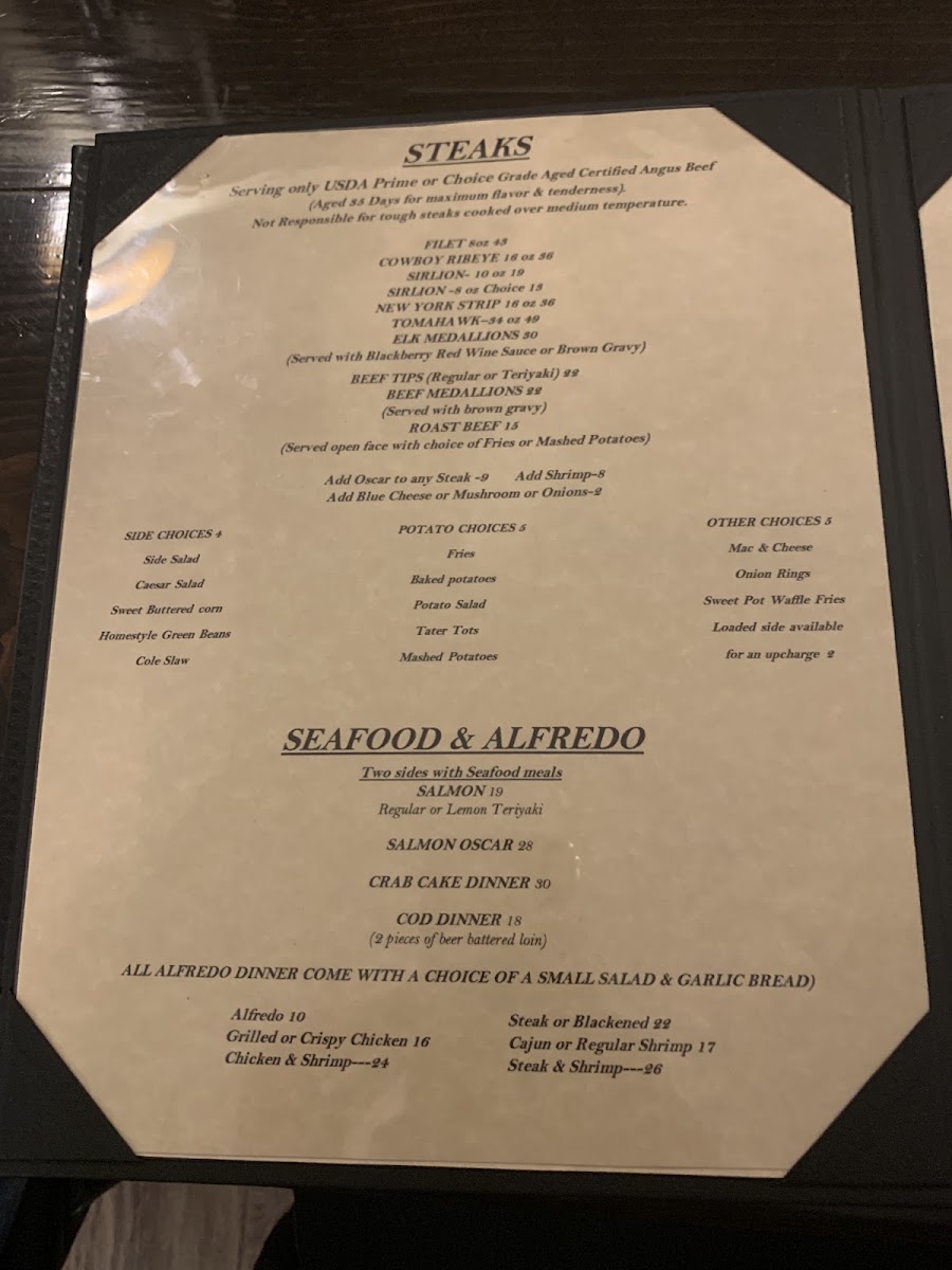 The Hitching Post Steakhouse and Saloon menu board