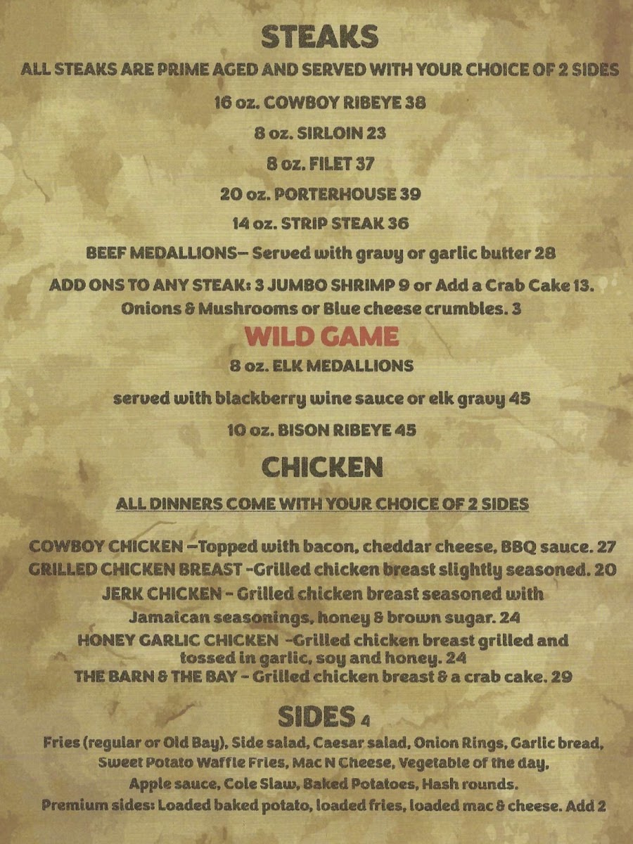 The Hitching Post Steakhouse and Saloon menu board