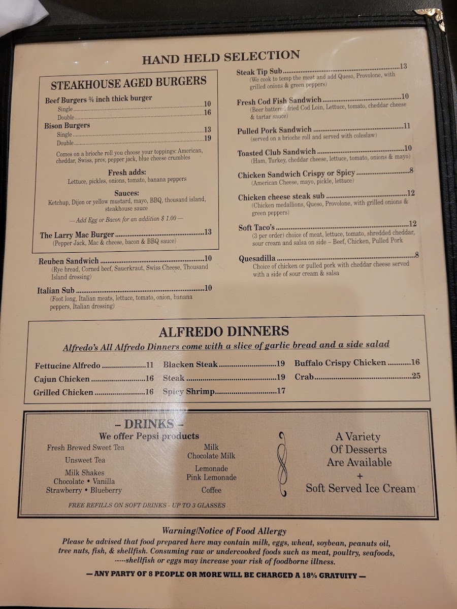 The Hitching Post Steakhouse and Saloon menu board