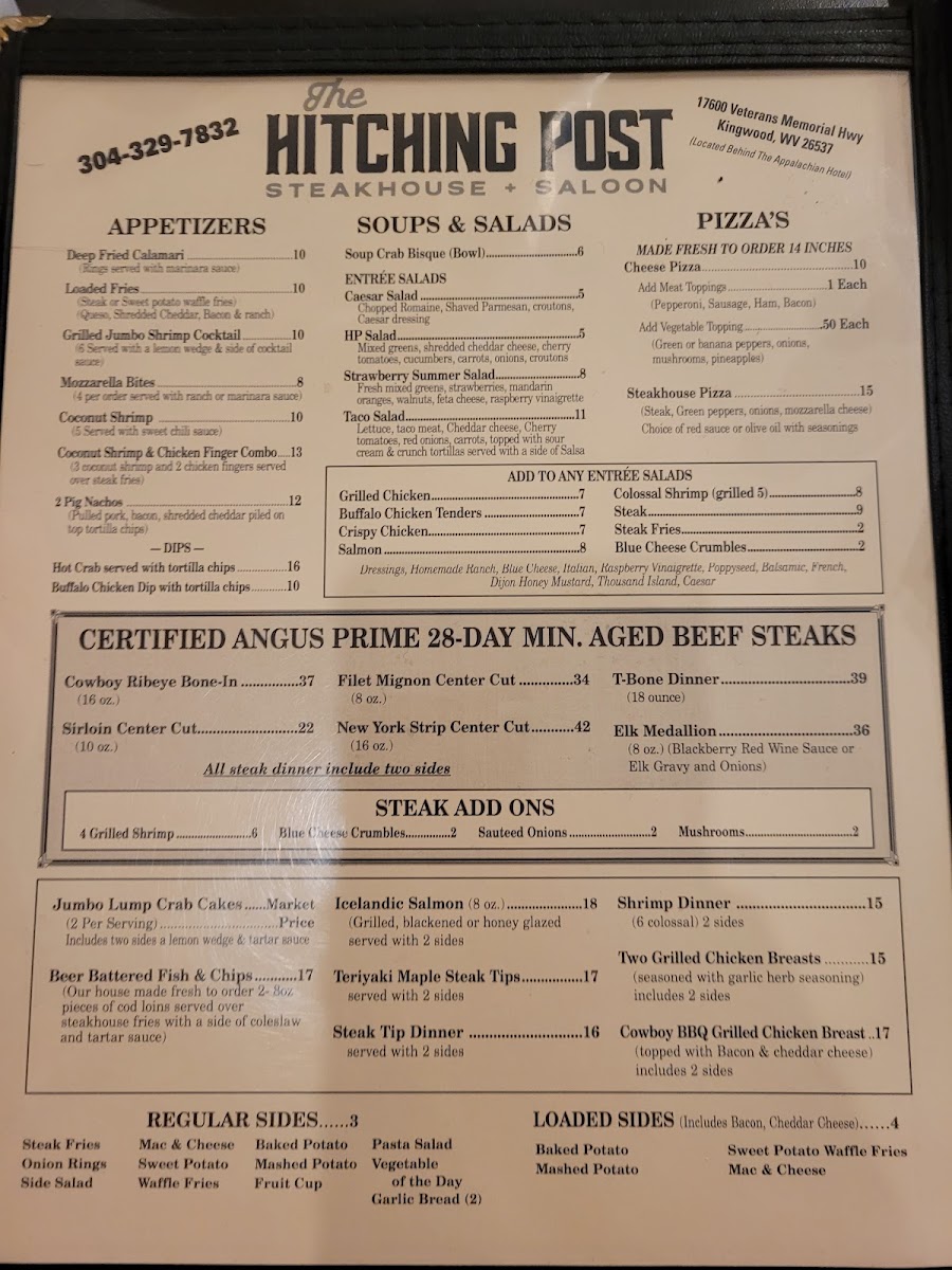 The Hitching Post Steakhouse and Saloon menu board