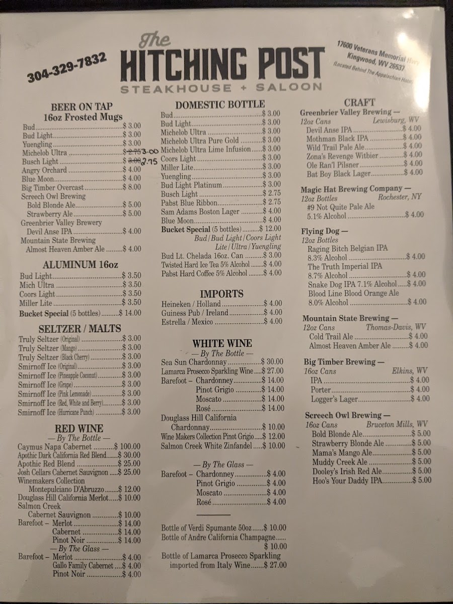 The Hitching Post Steakhouse and Saloon menu board