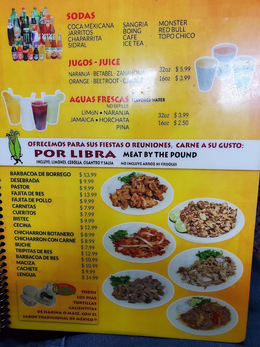 Taqueria La Super Sabrosa menu board