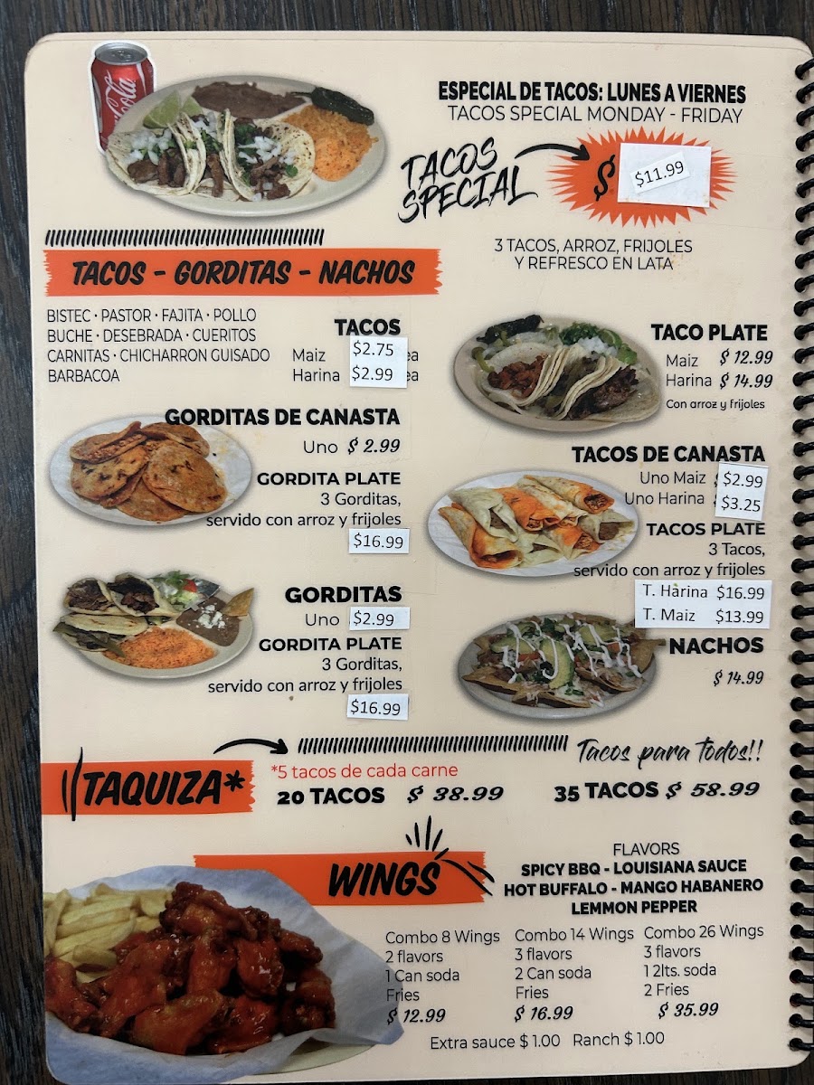 Taqueria La Super Sabrosa menu board