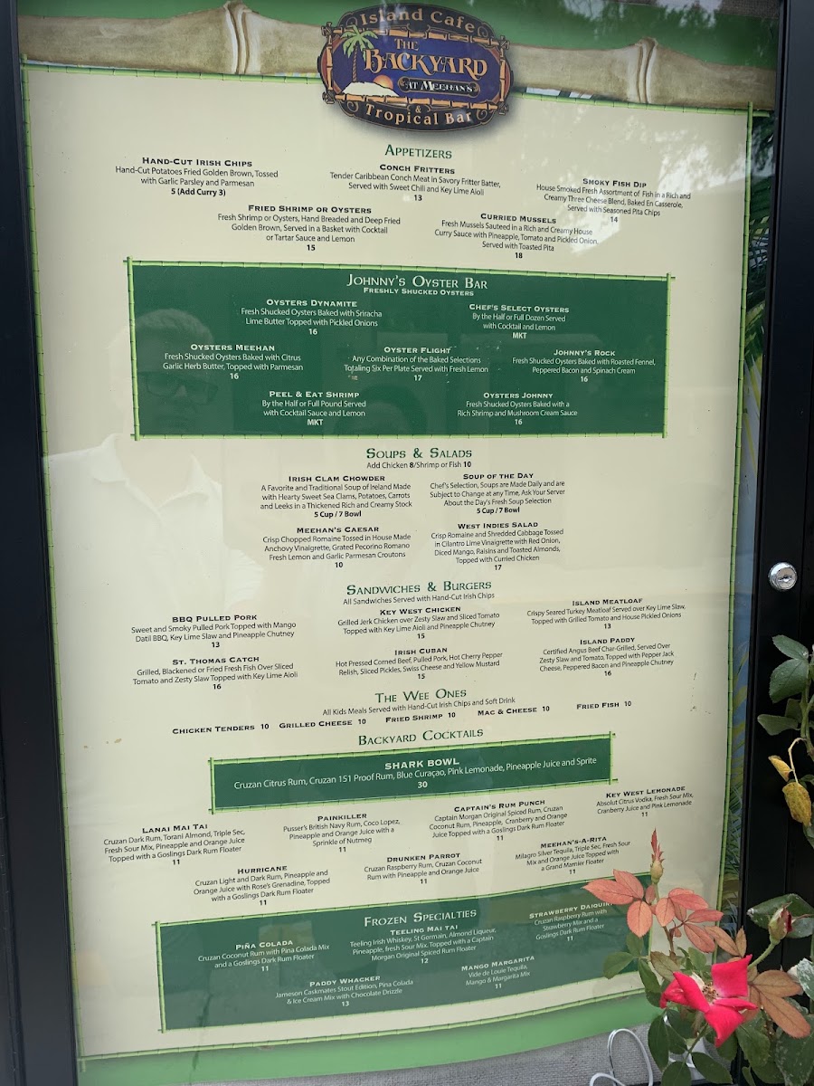 The Backyard at Meehan's menu board