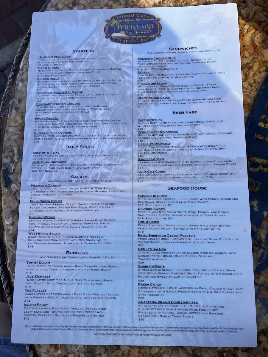 The Backyard at Meehan's menu board