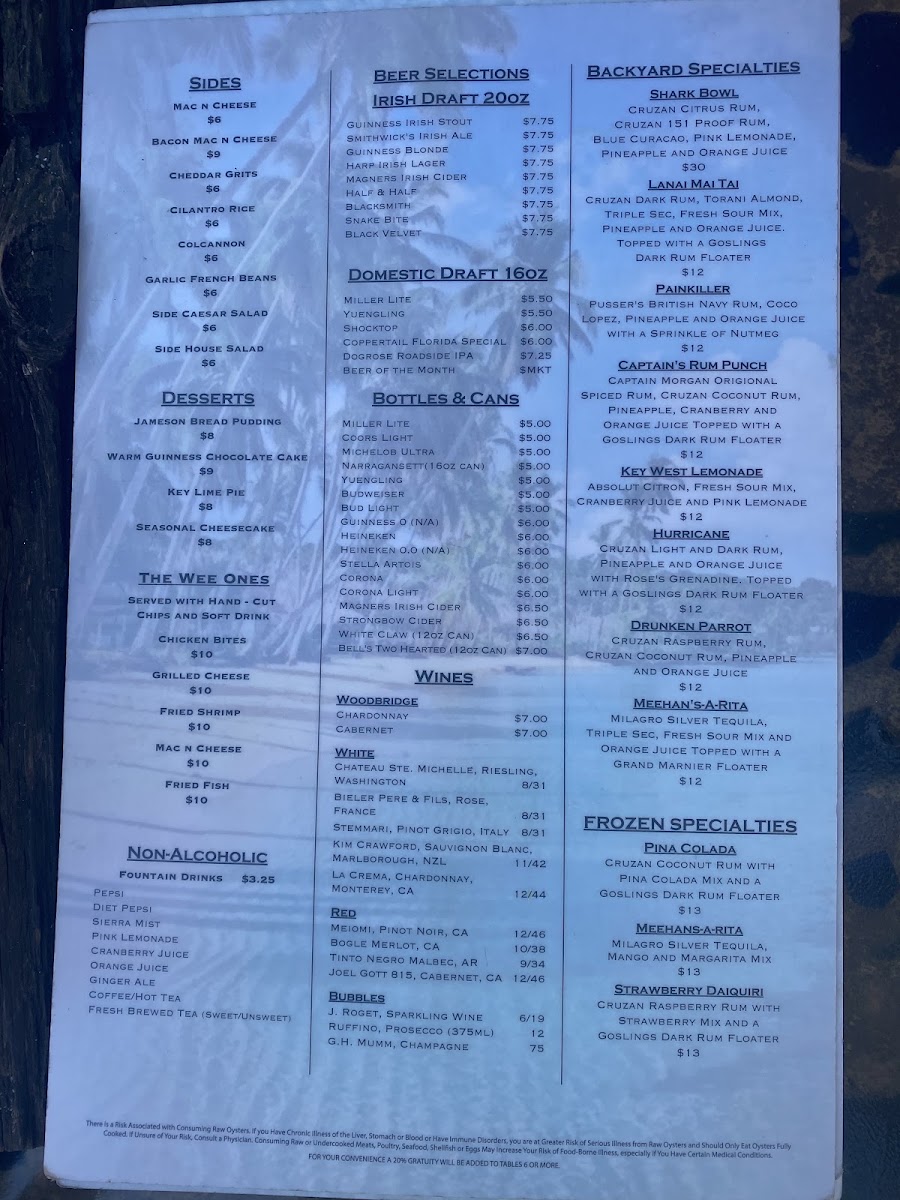The Backyard at Meehan's menu board