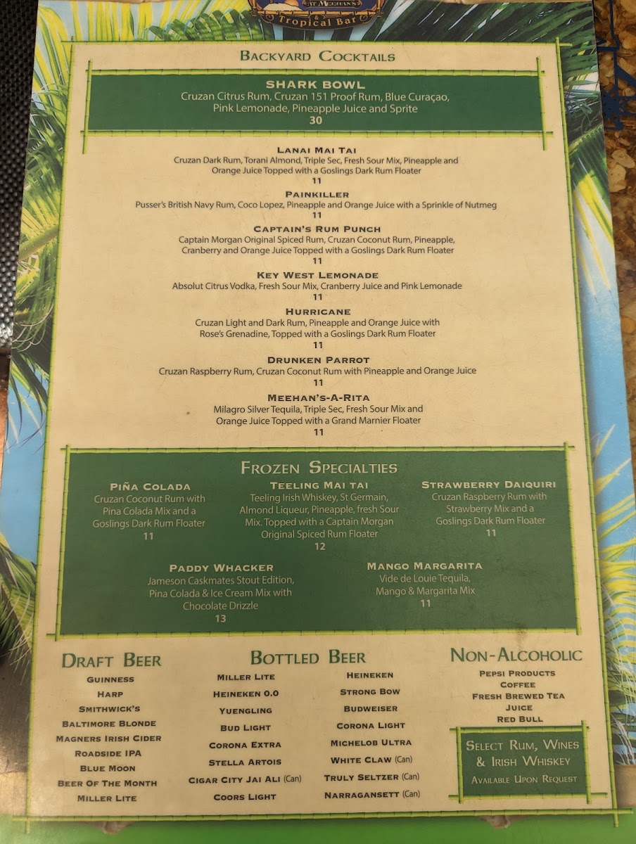 The Backyard at Meehan's menu board
