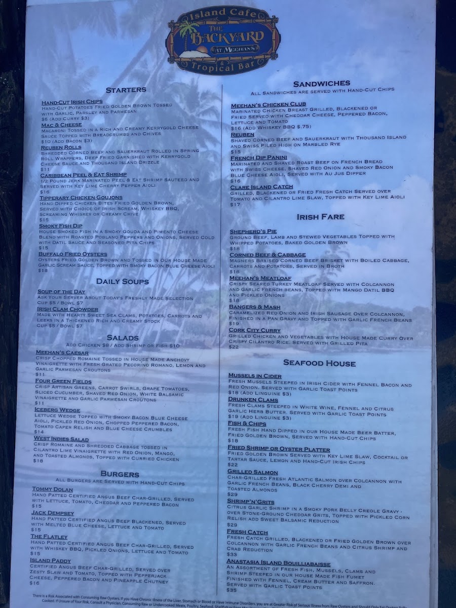The Backyard at Meehan's menu board