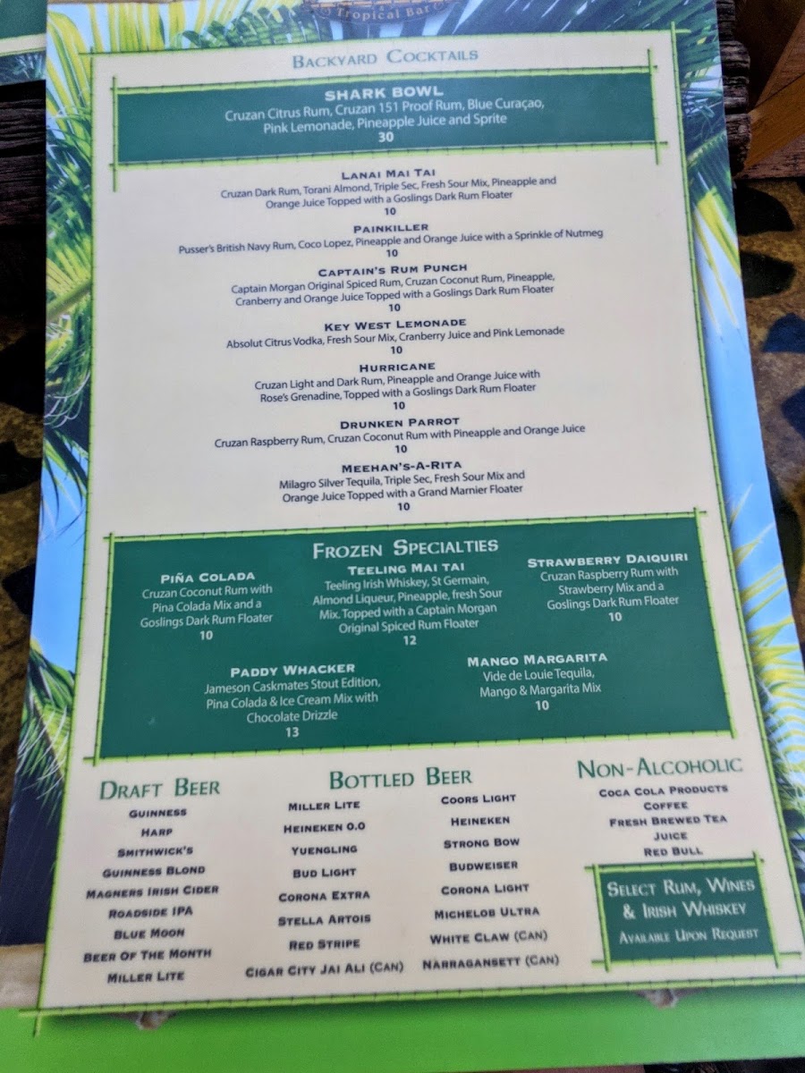 The Backyard at Meehan's menu board