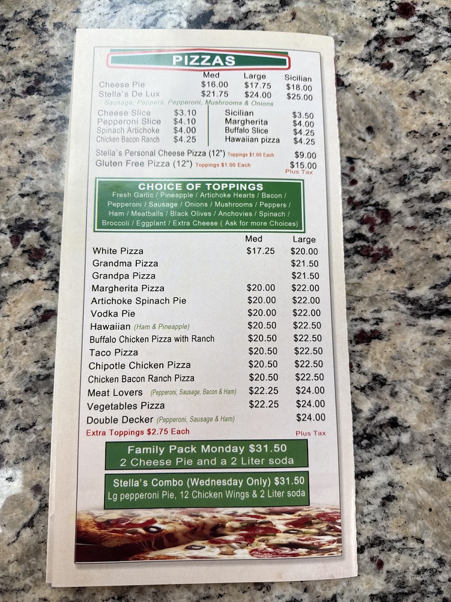 Stella's Pizzeria menu board