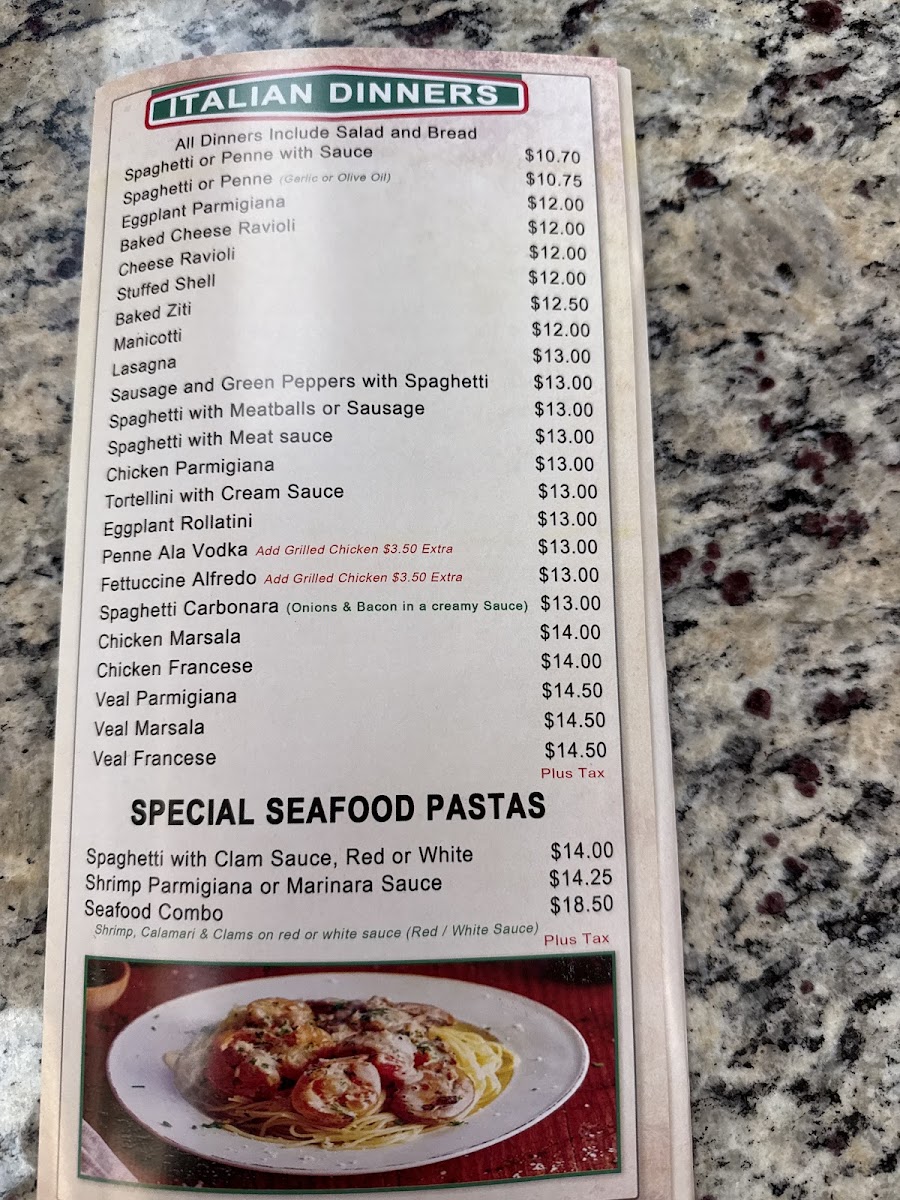 Stella's Pizzeria menu board