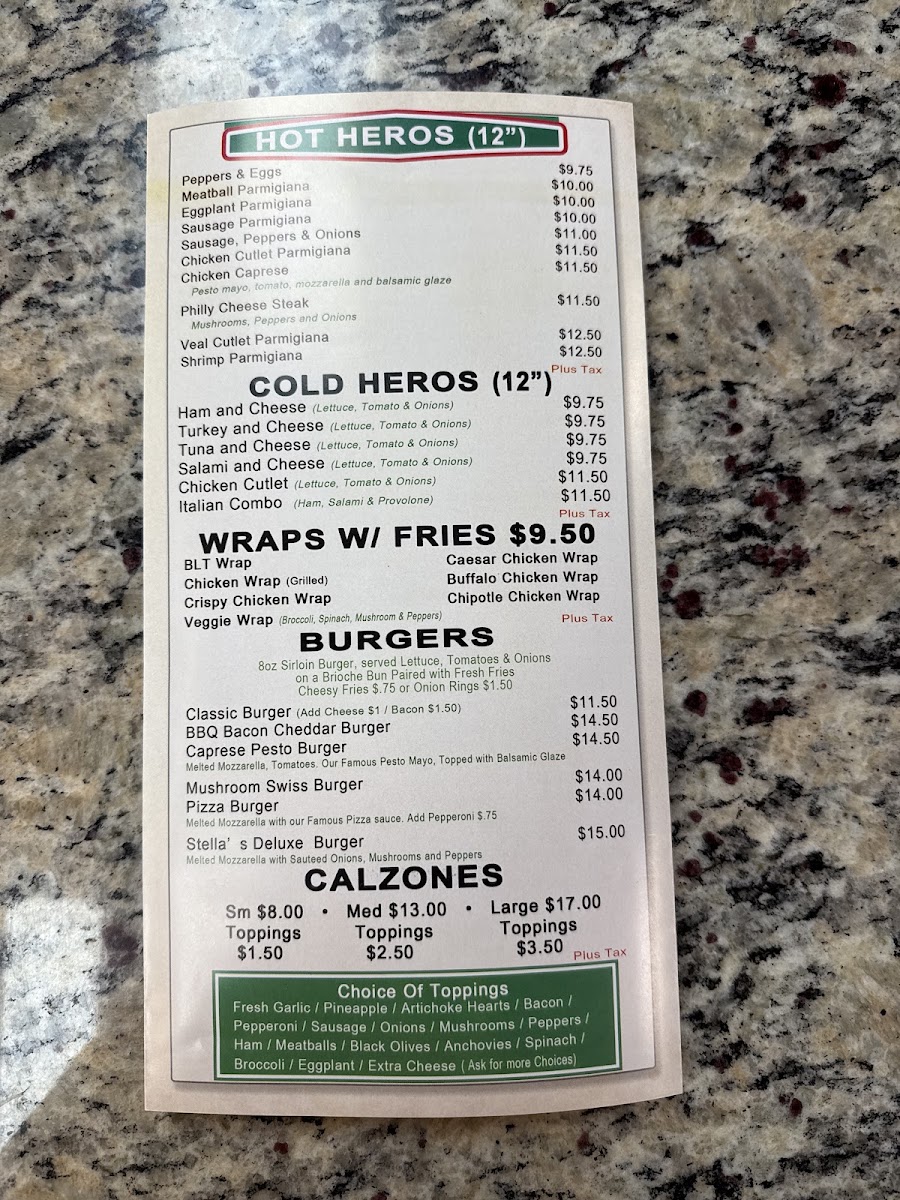 Stella's Pizzeria menu board