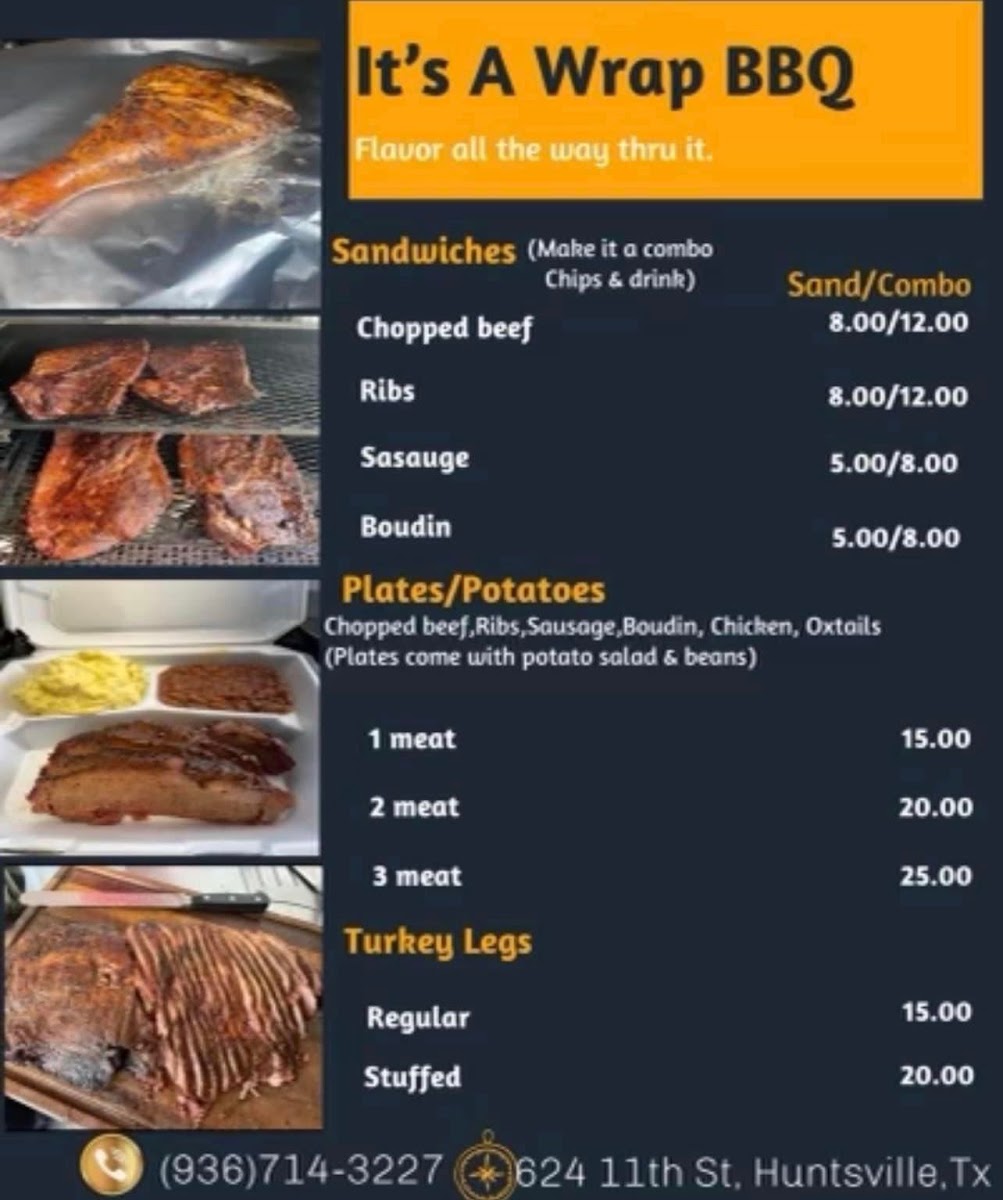 It's A Wrap BBQ menu board