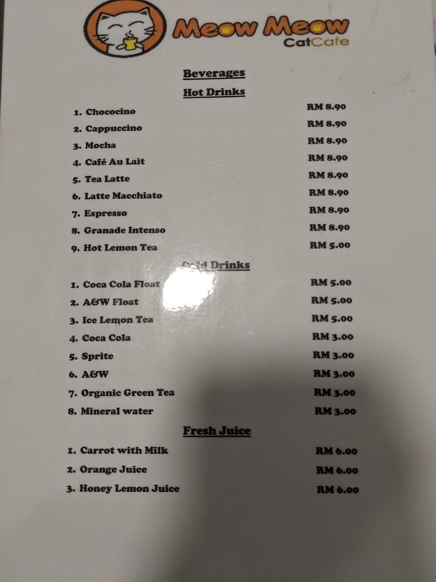 Meow Meow Cat Cafe menu board