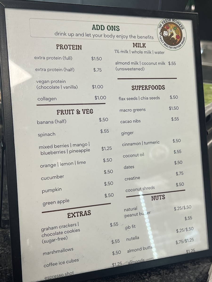 The Fresh Monkee Vernon menu board
