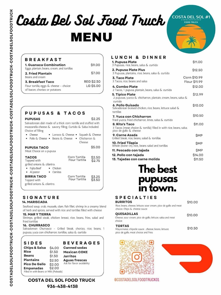 Costa Del Sol Food Truck menu board