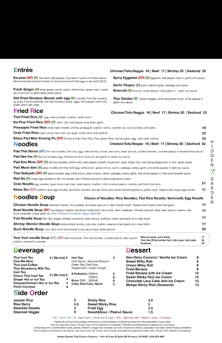 Hidden Garden Thai Cuisine Torrance menu board