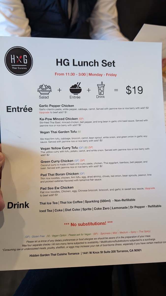 Hidden Garden Thai Cuisine Torrance menu board