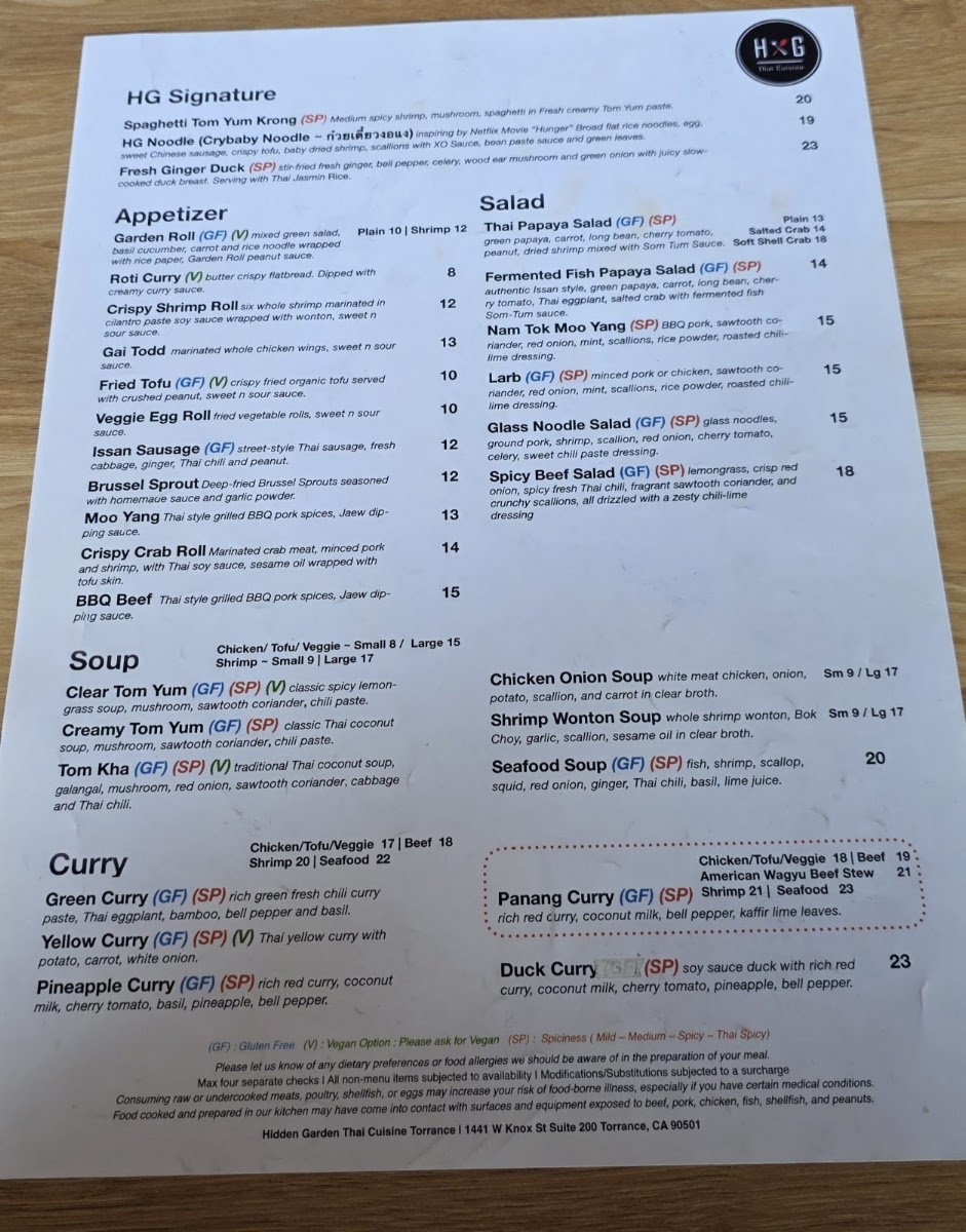 Hidden Garden Thai Cuisine Torrance menu board