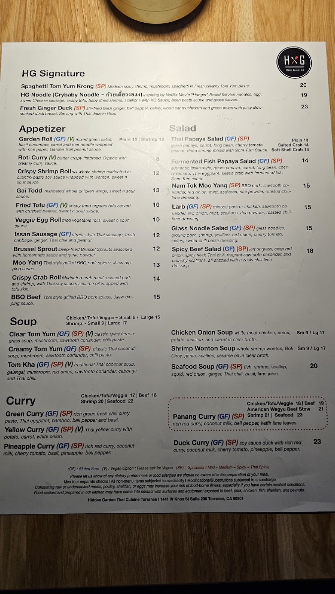 Hidden Garden Thai Cuisine Torrance menu board