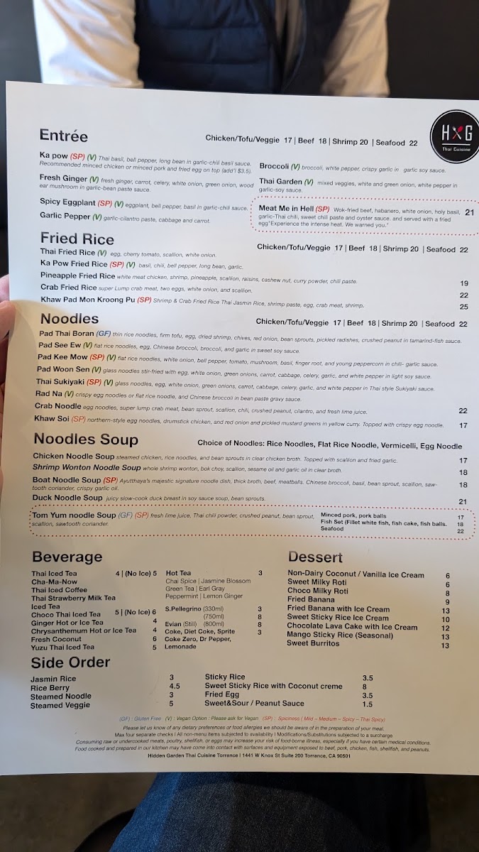 Hidden Garden Thai Cuisine Torrance menu board