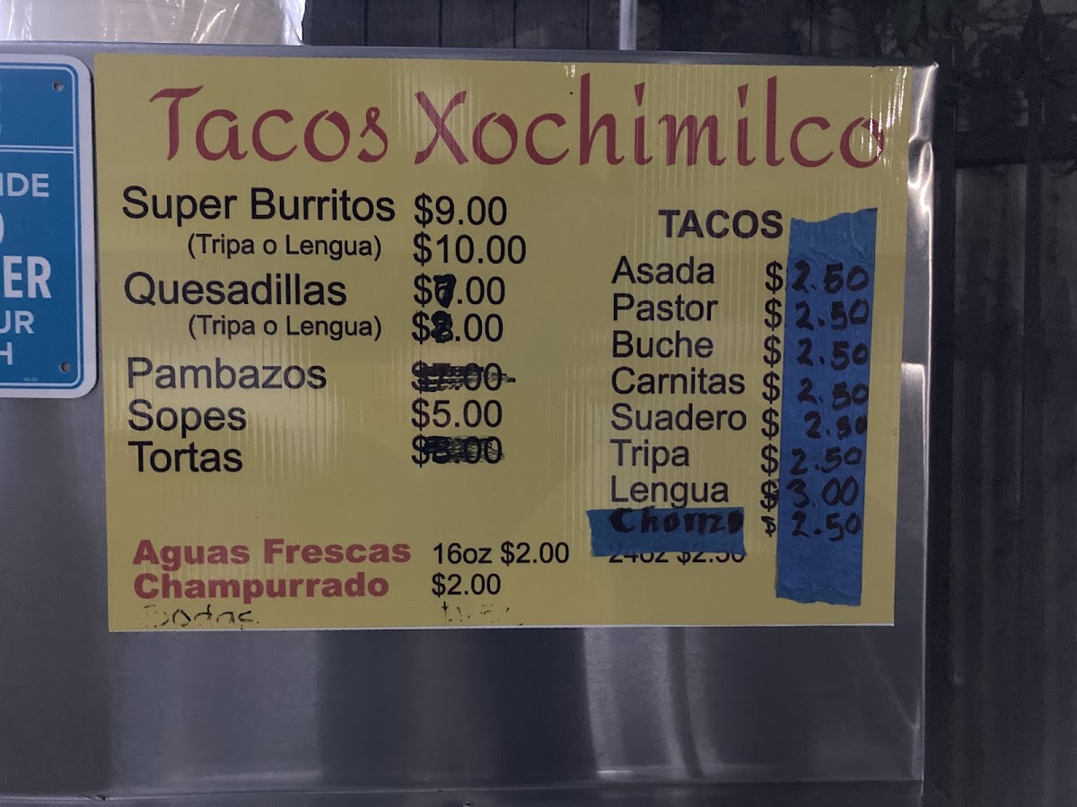 Tacos Xochimilco menu board