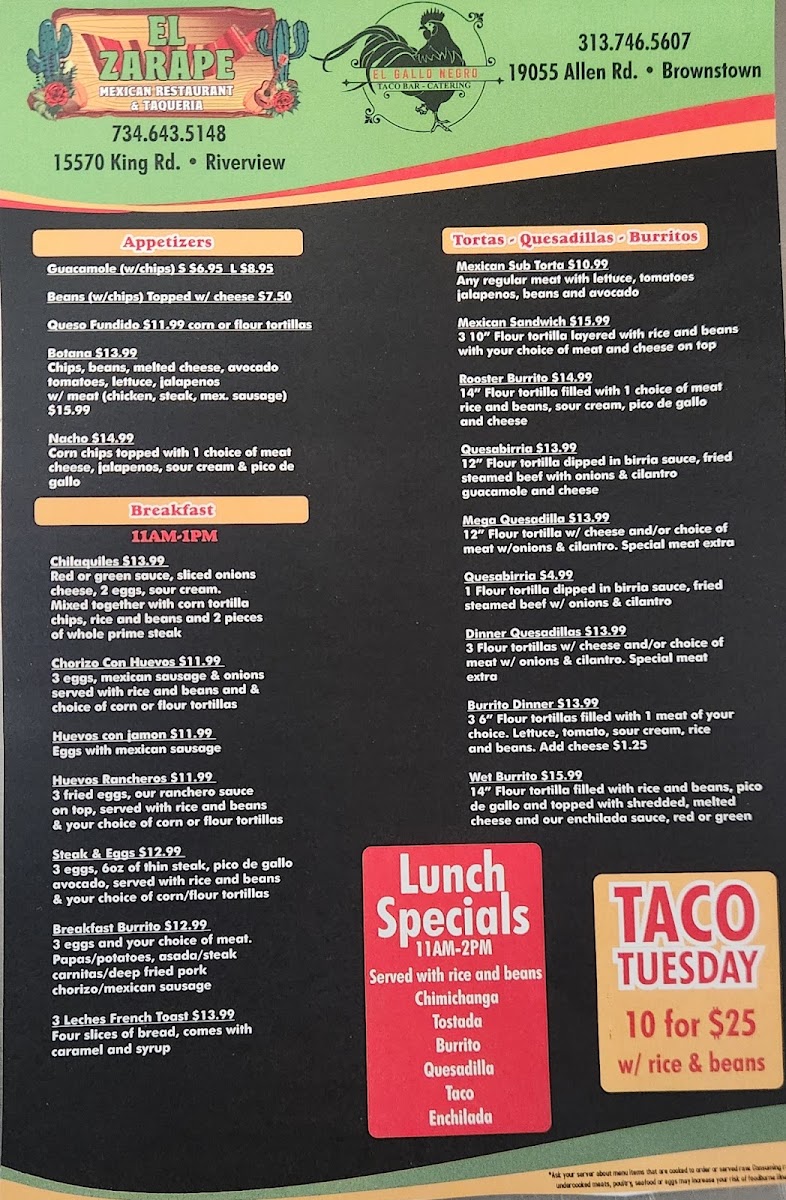 El Zarape menu board