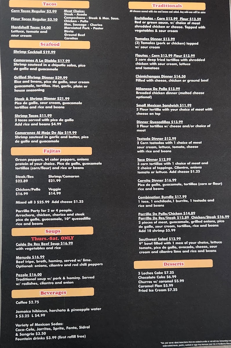 El Zarape menu board