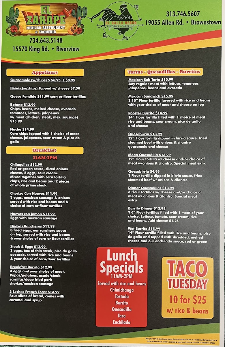 El Zarape menu board
