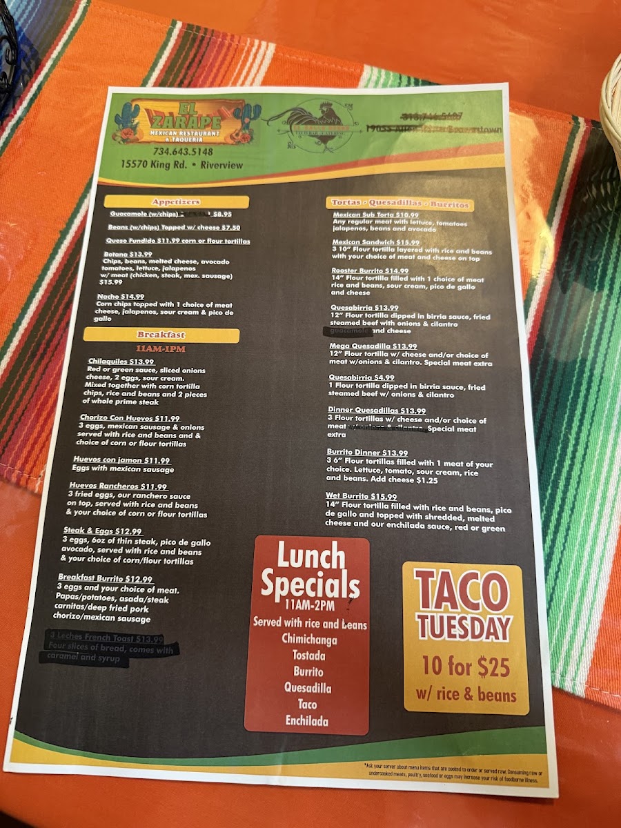 El Zarape menu board