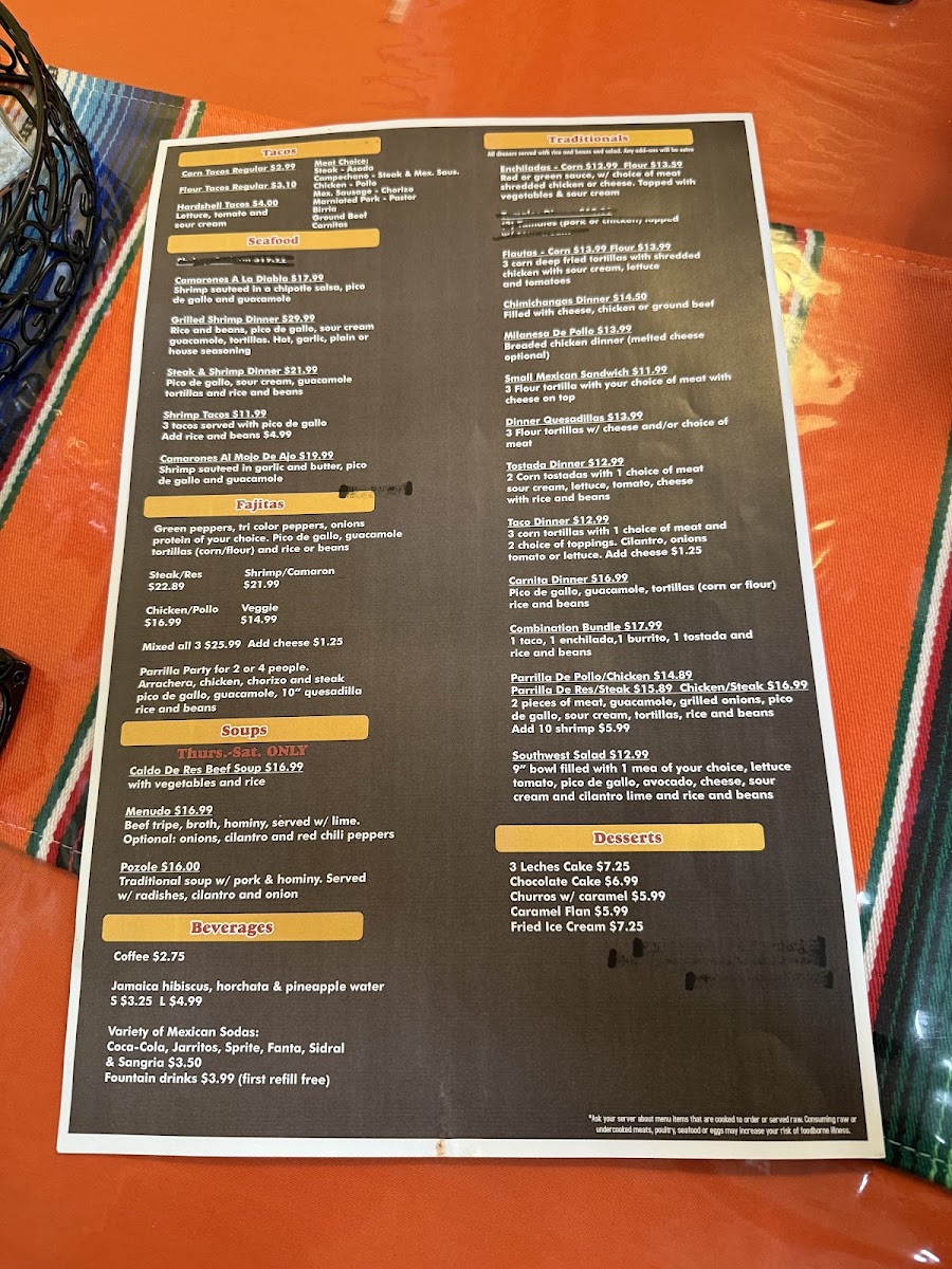 El Zarape menu board