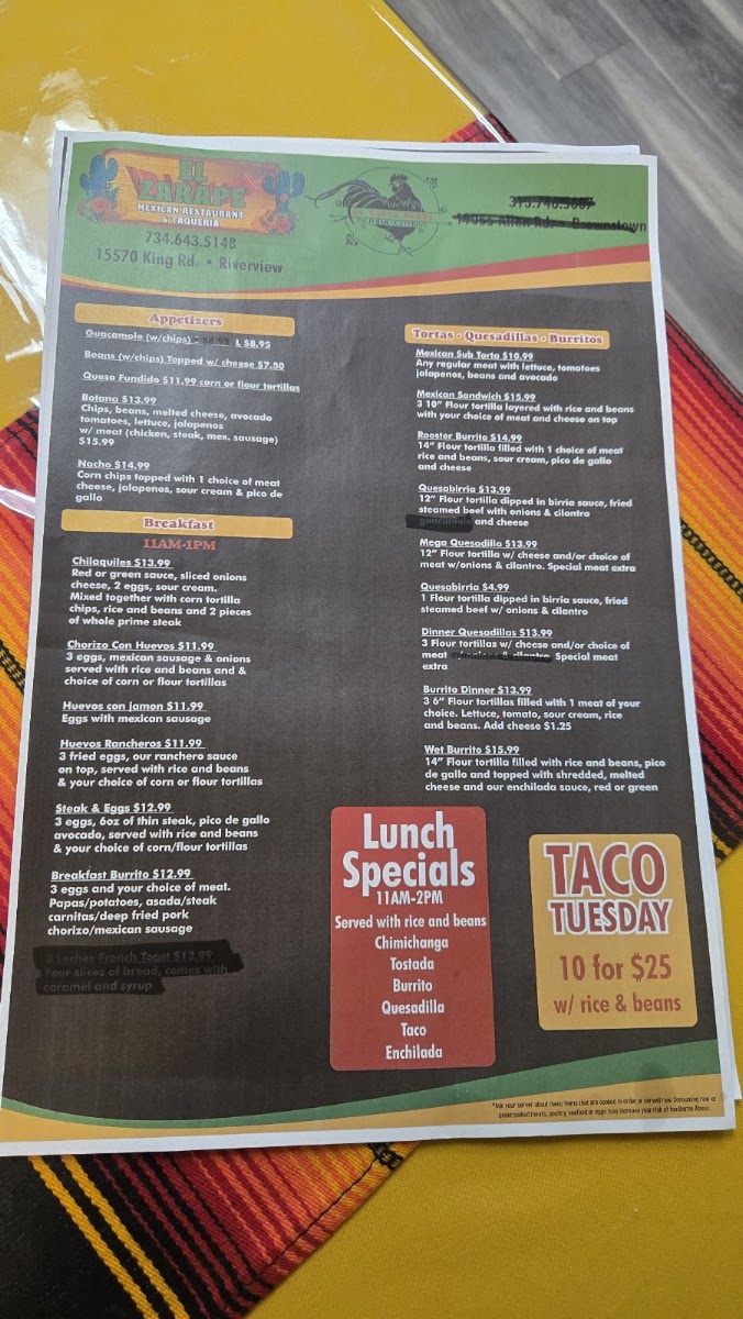 El Zarape menu board
