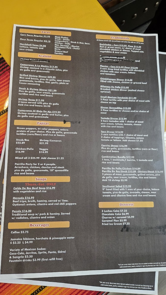 El Zarape menu board