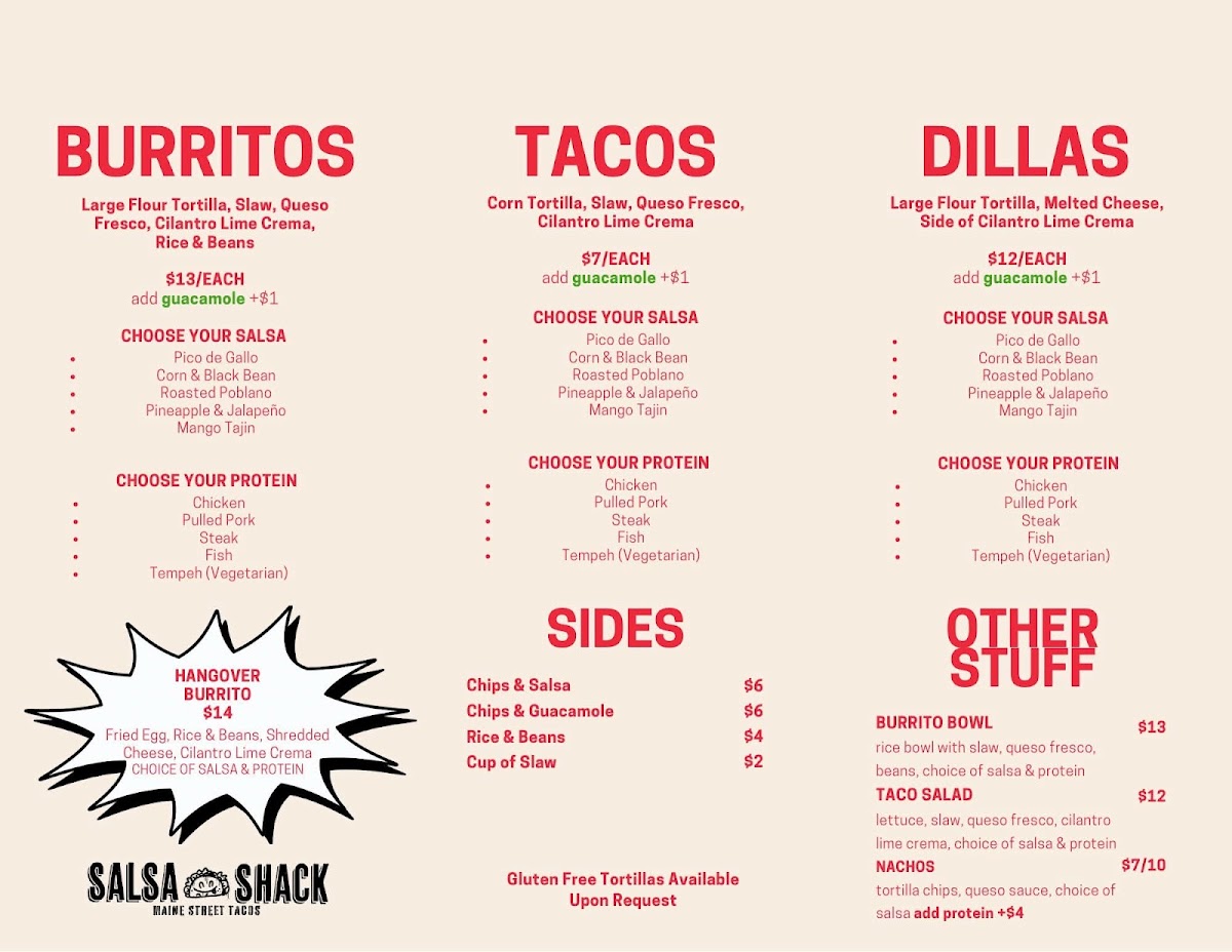 Salsa Shack Maine menu board