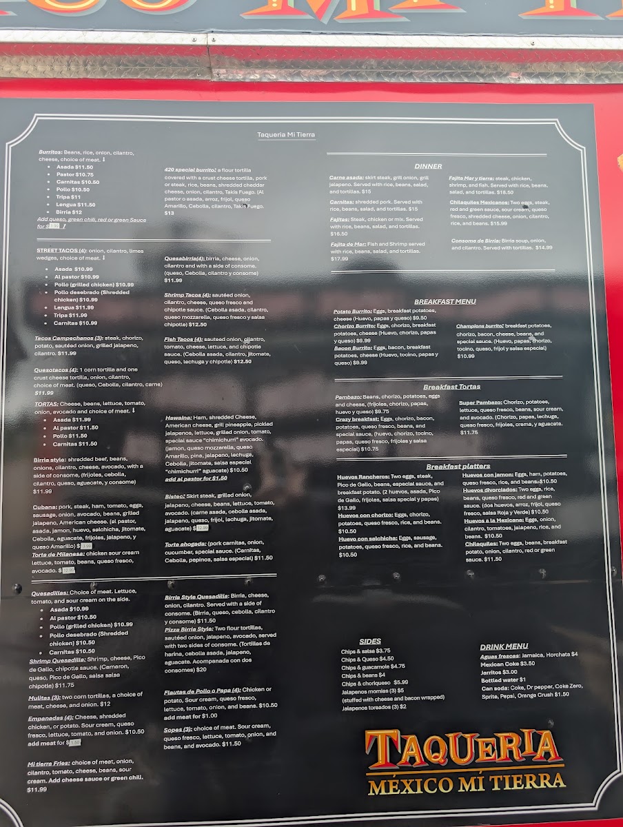 Taqueria Mexico Mi Tierra menu board