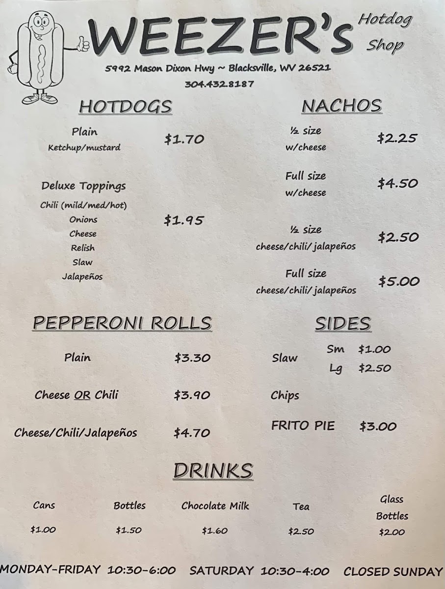 Weezer’s Hot Dog Shop menu board