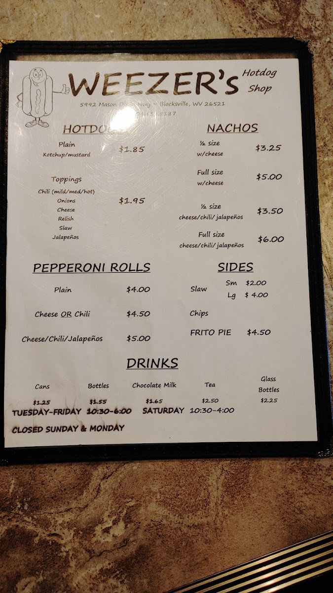 Weezer’s Hot Dog Shop menu board