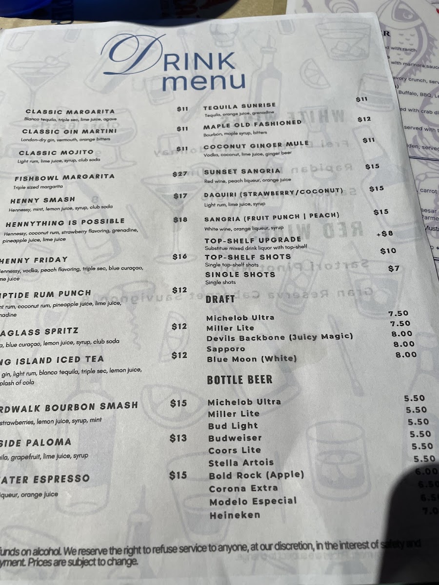 Piers Seafood & Grill menu board